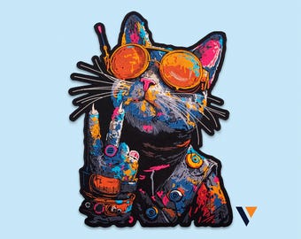 Punk Cat Rocker Embroidered Back Patch, Steampunk Feline Musician, Iron-On