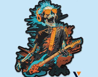Rocking Skeleton Patch: Embroidered Iron-On Guitarist with Headphones, Neon Metal Art for Jackets, Vests, Backpacks, Concert Streetwear