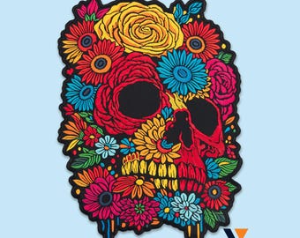Floral Skull Patch: Embroidered Iron-On Backpiece, Sugar Skull Style for Jackets, Vests