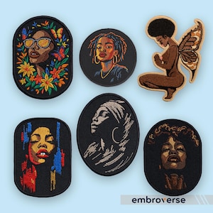 Paquete de parches afrocéntricos: 6 diseños termoadhesivos de retratos de mujeres negras, halos de flores y hadas mariposa para chaquetas, bolsos y regalos creativos de moda.