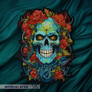 May include: Embroidered patch featuring a blue skull with yellow eyes and a floral design. The skull is surrounded by red roses and intricate black vines.