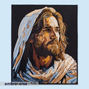 May include: Embroidered patch depicting a detailed portrait of a man with long brown hair and a beard, wearing a blue and white robe. The background is black.