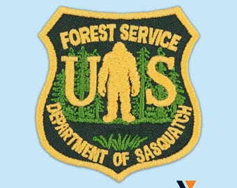 Forest Service Sasquatch Hat Patch, Department of Bigfoot Iron-On, Cryptid Humor Emblem, 2.2x2.4 inches