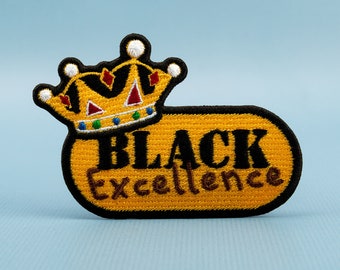 Black Excellence Patch - Melanin Pride - Gold Crown - BLM Support - Embroidered Iron On - Size: 3.5 x 2.5 inches