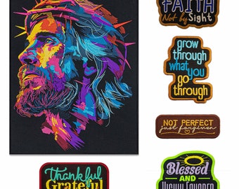 Inspirational Embroidered Patches Bundle - Colorful Jesus and Motivational Quotes, Faith-Based Apparel Patches, Iron-On