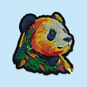 May include: An embroidered patch featuring a panda head in profile, rendered with vibrant, multi-colored thread work. The design incorporates intricate leaf patterns in shades of green, orange, and yellow, set against a solid black border.