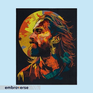 May include: An embroidered patch depicting a man's face with a beard and long hair. The background is a dark blue with a yellow and orange sun behind the man's head.