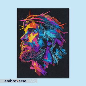 May include: A colourful embroidered image of a person wearing a crown of thorns. The image is done in a variety of bright colours, including pink, blue, yellow, and green.