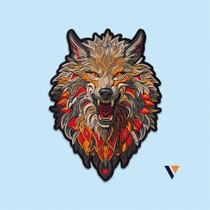 May include: An embroidered patch featuring a snarling wolf head with intricate fur patterns in shades of orange, red, grey, and black. The wolf has glowing orange eyes, an open mouth showing teeth, and a black border outlining the entire design.