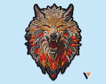Fire Wolf Totem Large Back Patch - Forest Guardian, Nature Spirit Wild Animal, Outdoor Adventure Embroidered Iron-On Jacket Accessory