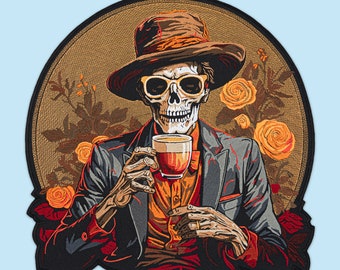 Sophisticated Skeleton Embroidered Large Patch - Dapper Skull with Coffee Iron-On Jacket Back Accessory - Macabre Gothic Fashion Elegance