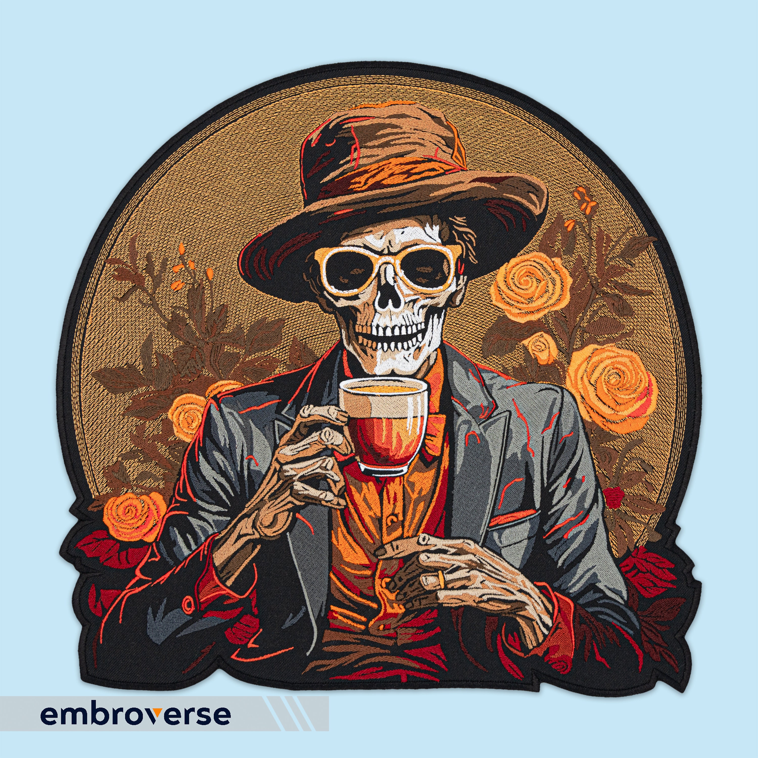 Sophisticated Skeleton Embroidered Large Patch - Dapper Skull with Coffee Iron-On Jacket Back Accessory - Macabre Gothic Fashion Elegance