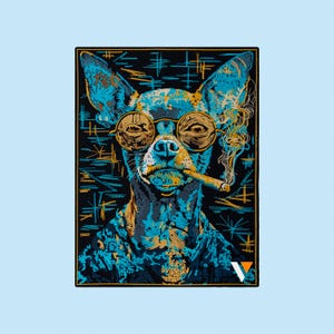 May include: A rectangular graphic print on a black background featuring a stylised chihuahua wearing round, gold-rimmed glasses and smoking a cigar. The artwork uses vibrant shades of blue and gold with abstract line patterns and a small logo.