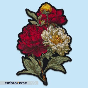 牡丹の花のワッペン：ジャケット、ベスト、コテージコア、ヴィンテージスタイル向けの刺繍アイロン接着式ボタニカルフローラルバックピース
