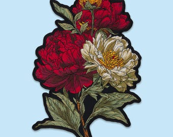 Peony Bloom Patch: Embroidered Iron-On Botanical Floral Backpiece for Jackets, Vests, Cottagecore, Vintage Style