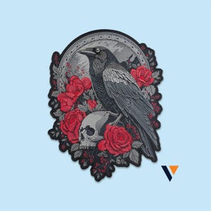May include: An embroidered patch featuring a detailed black raven perched atop a human skull, surrounded by vibrant red roses and grey foliage. The design is framed within a circular border with intricate patterns, all set against a black background.