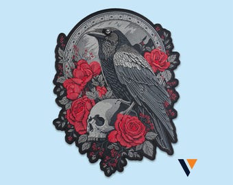 Raven Skull Roses Embroidered Iron On Back Patch - Gothic Memento Mori - Dark Academia Floral