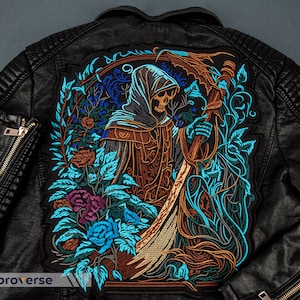 May include: Black leather jacket with an embroidered patch featuring a skeletal figure in a hooded robe holding a scythe, surrounded by floral designs in shades of blue, green, and brown.