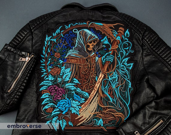 Floral Grim Reaper Large Back Patch - Embroidered Death Art, Flower Skull-Themed Iron-On for Jackets and Vests - 2 sizes
