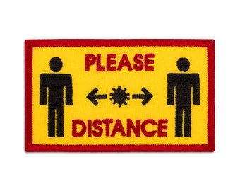 Social Distancing Patch - Please Distance Red and Yellow Sign - Embroidered Iron On Patch - Size: 3.9 x 2.2 inches