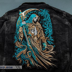 Grim Reaper Large Embroidered Patch - Death Back Patch - Skull-Themed Iron-On Jacket Accessory - 3 Sizes