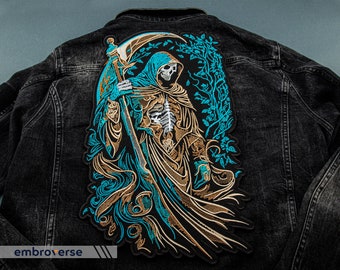 Grim Reaper Large Embroidered Patch - Death Back Patch - Skull-Themed Iron-On Jacket Accessory - 3 Sizes