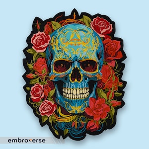 Large Blue and Gold Embroidered Skull Patch with Roses, Iron-On Back Patch for Jackets and Bags, Gothic Punk Accessory