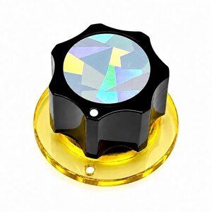 Big Guitar / Synthesizer Knob with Holographic Top Layer with Irregular Polygons - Transparent Yellow / Opaque Black Color - 1 inch diameter