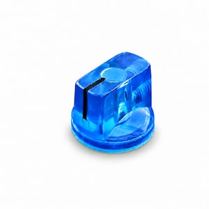 May include: A translucent blue plastic control knob with a cylindrical base and a tapered top. The knob features a single black vertical indicator line running from the top center down the side, designed for precise adjustment on electronic equipment.