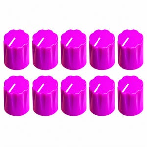 May include: A set of ten bright magenta control knobs arranged in two rows of five. Each cylindrical knob features a scalloped edge for grip and a single white indicator line on the top surface for precise adjustment settings.