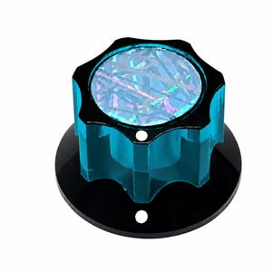 Stor gitarr-/synthesizerknopp med holografiskt topplager med linjer - Transparent turkos/ogenomskinlig svart färg - 2,5 cm diameter