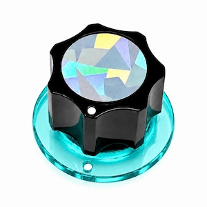 Big Guitar / Synthesizer Knob with Holographic Top Layer with Stars - Transparent Turquoise / Opaque Black Color - 1 inch diameter