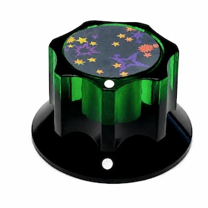 Stor gitarr-/synthesizerknopp med holografiskt topplager med stjärnor - Transparent grön/ogenomskinlig svart färg - 2,5 cm diameter