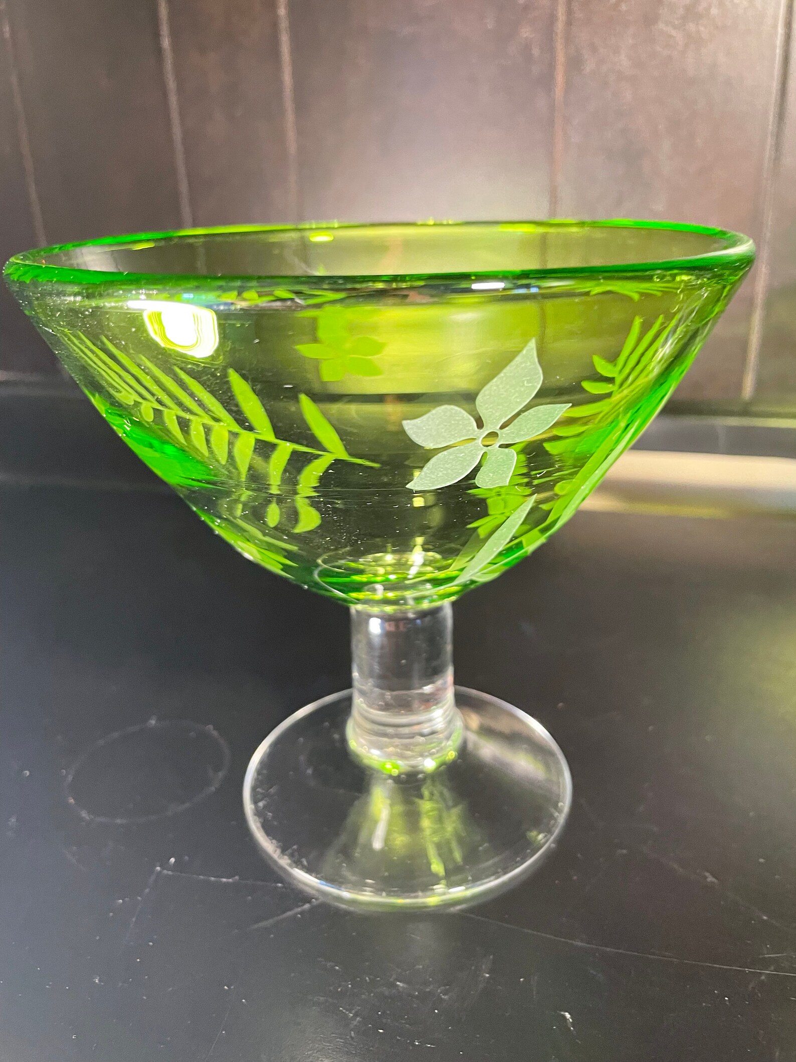 Etched Green Glass Stem Dessert Bowls Mid Century Dessert Cups Etsy