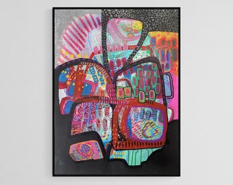 Puede incluir: Pintura abstracta con fondo negro y formas geométricas de colores. Las formas están llenas de varios patrones y texturas, incluyendo círculos, rayas y puntos. Los colores incluyen rojo, azul, verde, amarillo y rosa.