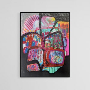 Peut inclure: Peinture abstraite sur fond noir avec des formes g&eacute;om&eacute;triques color&eacute;es. Les formes sont remplies de motifs et de textures vari&eacute;s, notamment des cercles, des rayures et des points. Les couleurs incluent le rouge, le bleu, le vert, le jaune et le rose.