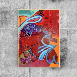 May include: Abstract painting with a red, orange, blue, and purple colour scheme. The painting features swirling lines, dots, and geometric shapes.