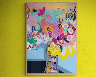 May include: A colorful abstract painting of a bouquet of flowers in a vase. The flowers are painted in various shades of pink, purple, blue, yellow, and green. The vase is a simple, white ceramic vase with a geometric pattern.