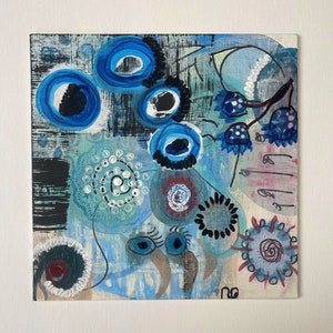 May include: Abstract painting featuring blue, white and black shapes and swirls. The painting has a textured surface and a whimsical style.