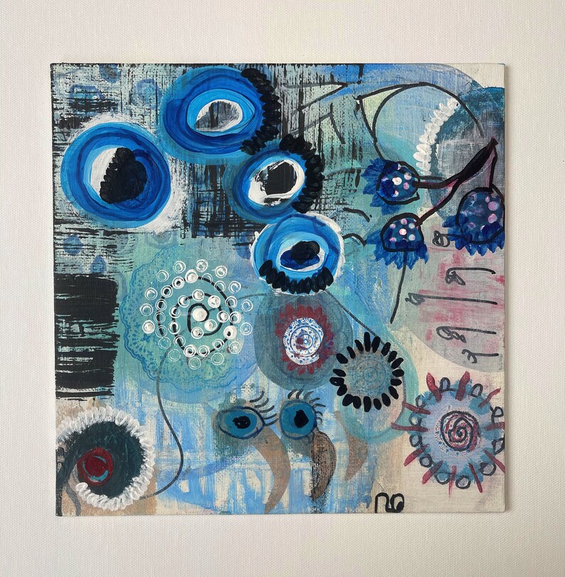 May include: Abstract painting featuring blue, white and black shapes and swirls. The painting has a textured surface and a whimsical style.