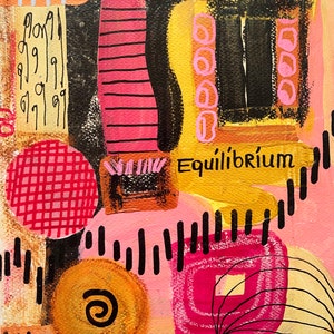 May include: Abstract painting with pink, yellow, black, and red shapes. The word "Equilibrium" is written in black on a yellow background.