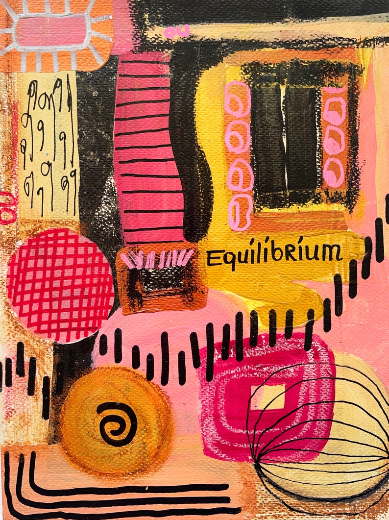 May include: Abstract painting with pink, yellow, black, and red shapes. The word "Equilibrium" is written in black on a yellow background.