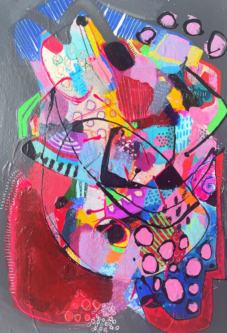 May include: Abstract painting with a colourful, layered design. The painting features a mix of geometric shapes, lines, and dots in shades of pink, blue, green, yellow, black, and red. The background is a dark grey.