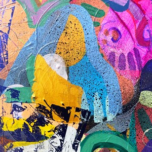 Samtida abstrakt expressionistisk målning, blandteknik collagekonstverk, botanisk väggkonst, original blandteknik assemblagekonst bild 3