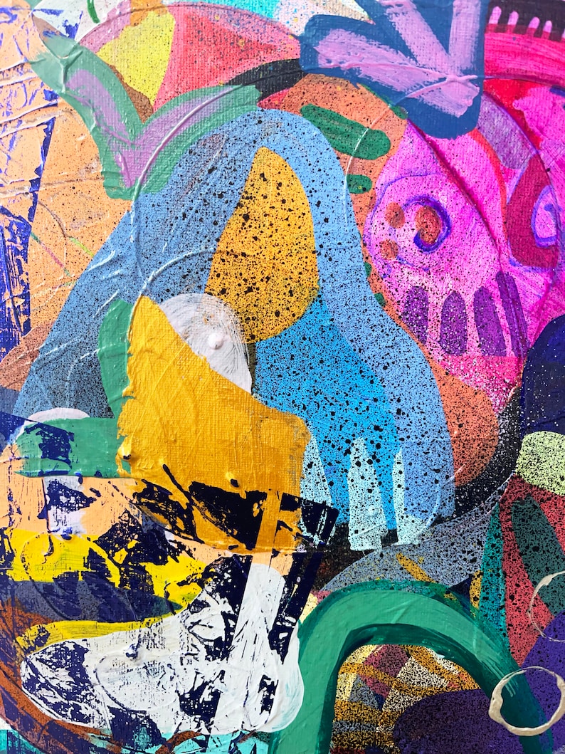 Samtida abstrakt expressionistisk målning, blandteknik collagekonstverk, botanisk väggkonst, original blandteknik assemblagekonst bild 3