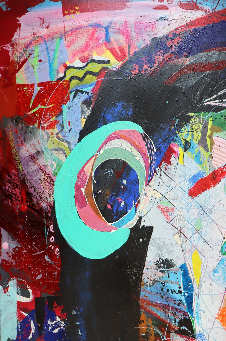 May include: Abstract painting with a large black shape in the center. The shape has a turquoise circle with pink and white rings inside. The background is a mix of red, blue, green, and yellow.