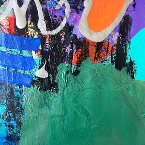May include: Abstract painting with bold strokes of blue, green, orange, and purple paint. The painting has a textured surface and a modern style.