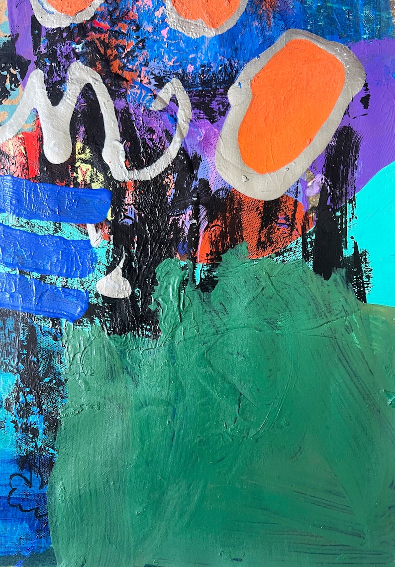 May include: Abstract painting with bold strokes of blue, green, orange, and purple paint. The painting has a textured surface and a modern style.