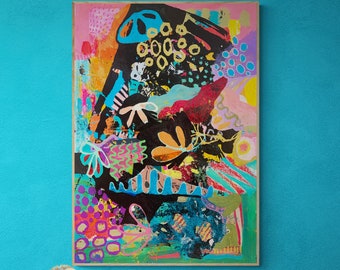 Original Colorful Abstract Painting, Unique Wall Art, Mixed Media Collage, Abstract Expressionist Painting, Doodle Art, Quirky Art