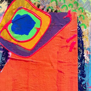 May include: Abstract painting with a bright orange background, a purple and yellow eye-like shape, and green and blue accents.